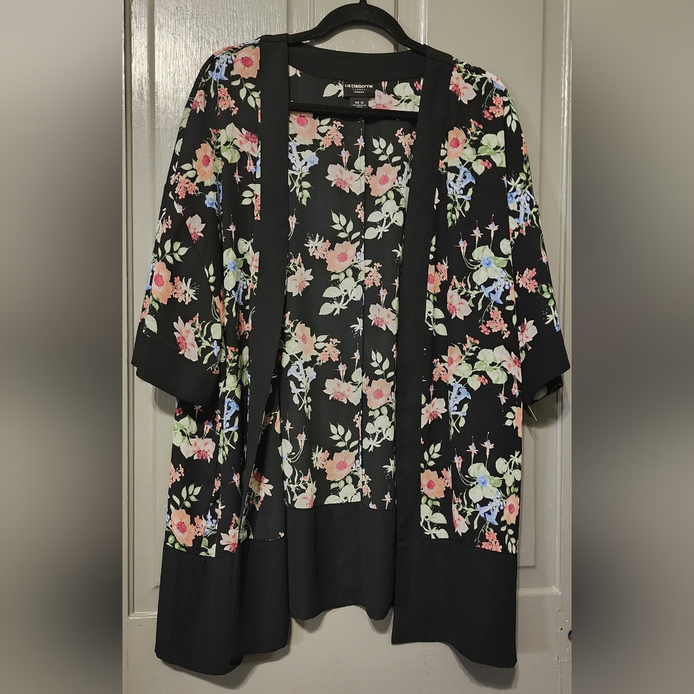 Liz Claiborne Womens Black Floral Kimono Style Wrap Cover Up, Size 0X-1X, EUC